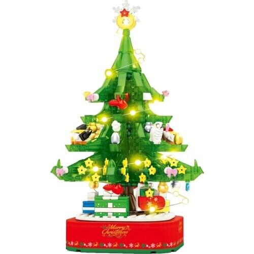 486 PCS Merry Christmas Tree Music Box Building Blocks Lighting Tree Girls Xmas Gift Rotating DIY Elk New Year House Bricks Toys