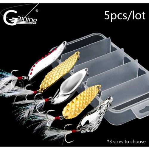5pcs/lot Boxed Metal Spoon Fishing Lure Hard Baits Spinner Sequins Noise Paillette with Feather Treble Hook Fishing Tackle