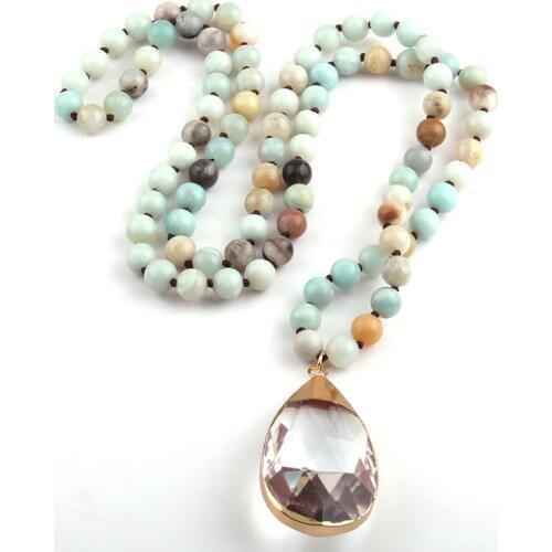 Free Shipping Fashion Bohemian Tribal Jewelry Natural Amazonite Stones Knotted White Glass Drop Pendant Necklace