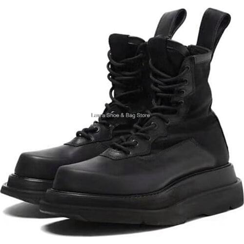 Genuine Leather Couple Shoes Punk Platform Men Boots High Top Thick Bottom Women Boots Unisex Martin Black Chunky Casual Shoes