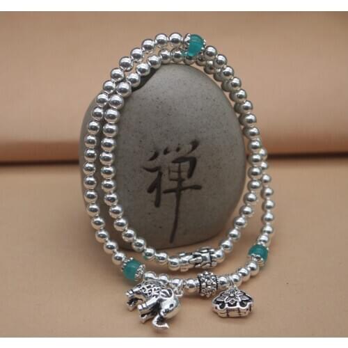 Sterling S925 Silver Bracelet Womens Silver Smooth Round 5mm Luck Elephant Flower Link Tassel 32cmL/12.5inchL Chain Bracelet