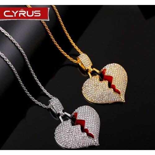 Hip-hop Burst Love Heart Necklace Cuba Men Rhinestone Pendant Necklace Gold Charms Rhinestone Link Chain Jewelry Fashion New