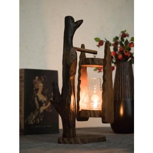 Wooden Retro Candle Holder Glass Cover Outdoor Windproof Lantern Candle Holder Creative Minimalist Porta Velas Home Decor BS50CH