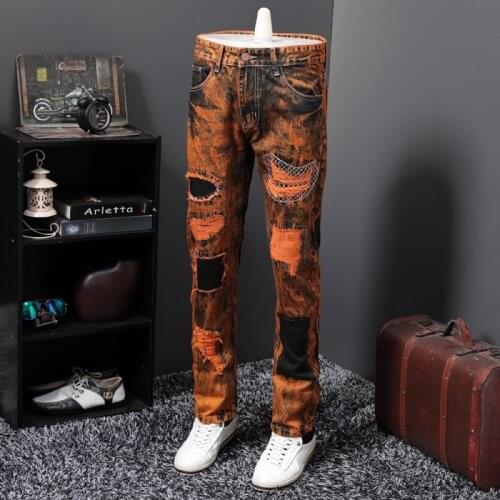 Personality European Mens Vintage Hole Patch Denim Pants Full Length Straight Punk Style Plus Size Jeans Hombre Streetwear