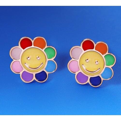 Ms S925 pure silver colored enamel flowers smiling face cartoon stud earrings couples to fashion jewelry gifts