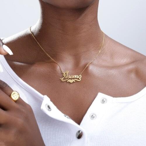 Custom Stainless Steel Gold Crown Name Necklaces For Women Personalized Heart Ribbon Nameplate Necklace Couple Jewelry Gifts BFF
