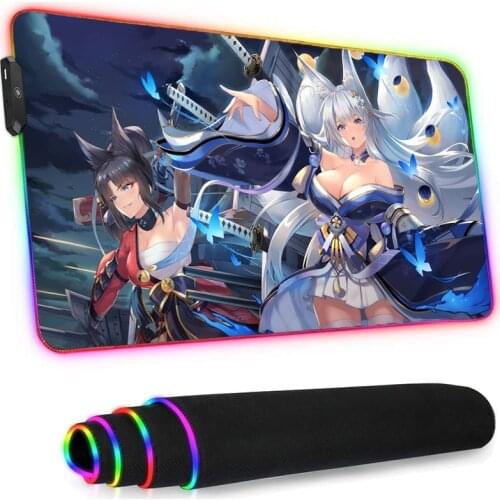 LED Mouse Pad Rgb Azur Lane Anime Gaming Accesories Genshin Impact Dedales Gamer Girl Leather Mat Mat While Desk Mat Cute Dbd