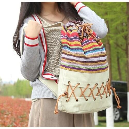 Colorful Backpack Teenage Straw String Follow Out Strip Bag Original Ethnic Canvas Sack Pack Lady Cotton Printed