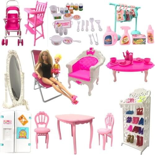 NK Mix Doll Toys Mini Mirror Bed Table Kitchen Fridge For Barbie Accessories for Kelly Tableware DIY Play house Furniture JJ