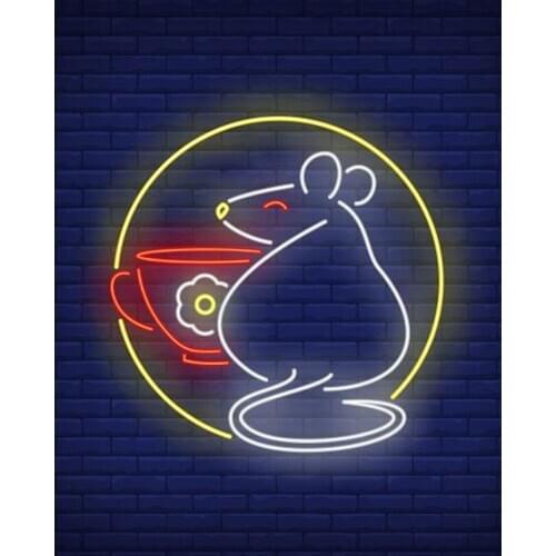 Neon Sign For Rat And Cup In Circle club Lamp resterant art cute light advertise room Fairy lights neon accessories lampe neon