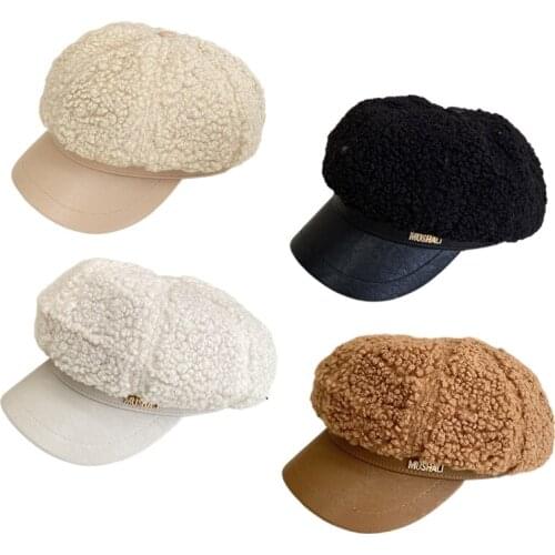 68UA Solid Color Retro Lamb Wool Beret Sweet Octagonal Hat Warm Hat All-match Female