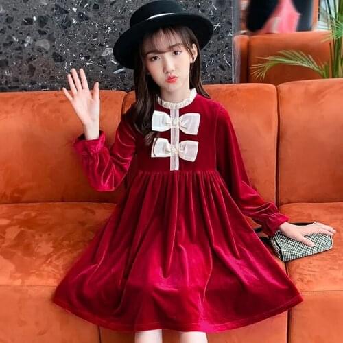 2021 Autumn Long Sleeve Dress For Girls Red Bow Knee Length Princess Dresses 4-14 Years Children' Clothing Teenage Girls Dress