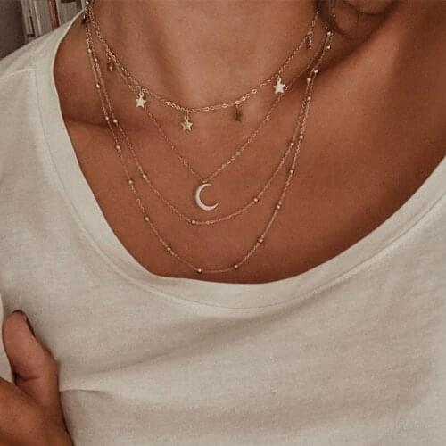 Stainless Steel Gold Multilayer Necklace Set 3 Necklaces-Half Moon Necklace, Double Necklace and Star Pendant Necklace