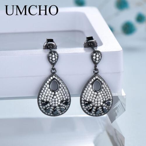 UMCHO Solid Silver 925 Jewelry Drop Created Nano Black Spinel Clip Earrings For Women Birthday Gifts Charms Fine Jewelry