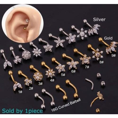 1piece Flower Snowfake Earring Tragus Helix Rook Piercing Eyebrow Ring Piercing Curved Barbell 16G Stainless Steel