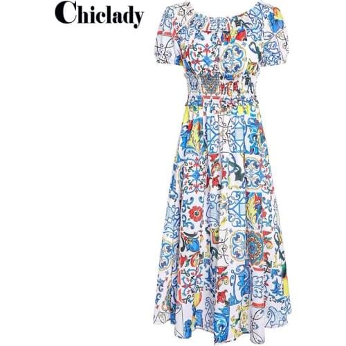 CHICLADY vintage victorian stylish blue and white midi A-line slash neck dresses for women party beach robe boho dress casual za