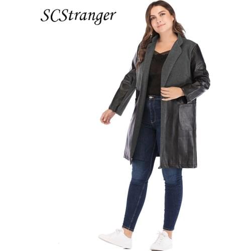 New Women y2k Plus Size Long Leather Jacket 2021 Spring Autumn Black Faux Leather Basic Coat Turn Down Collar Motor Biker Coat