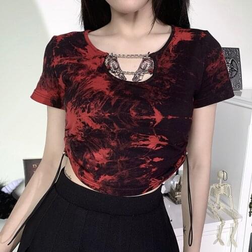 Red Goth Women Tie Dye Short T-shirts Chain Drawstring Hipster Tshirt Tight Cool Basic Top Collar Metal Fashion 2020 Summer Lady