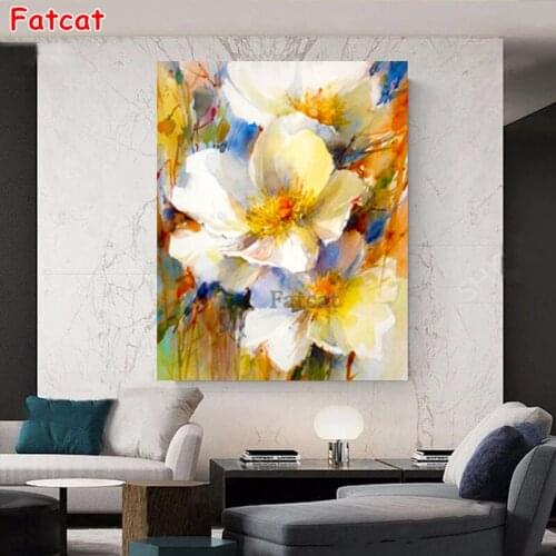 5D Diamond Painting Abstract White Flower Watercolor Art Cross Stitch Diamond Embroidery Beaded Mosaic Rhinestones Decor PP2166