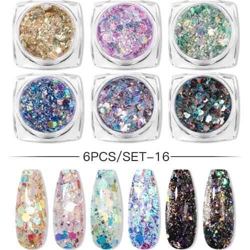 6pcs Candy Gold Color Nail Glitter Holographic Dip Powder Set Sequins Nail Art Polishing Chrome Pigments Mirror Nail Polish Dust
