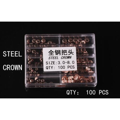 Free Shipping 100pcs Stainless Full Steel Rose Gold Watch Crowns Size 3.0-8.0 for Watch Repair