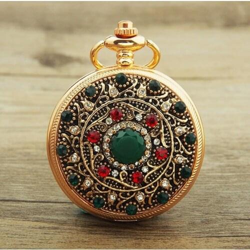 Blucome Vintage Pocket Watch Red Ancient Face Rhinestone Green Edge Quartz Watch Nostalgic Jewelry Pocket Watch Pocket Watch