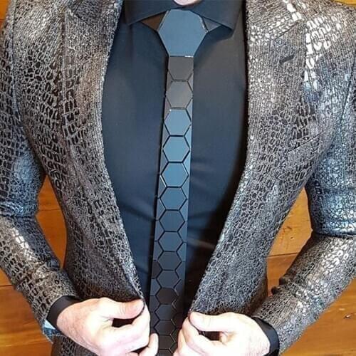 Classy Matte Black Hexagons Tie Men Skinny Neckties Silk Wedding Party Business Gift All Match Fashion Accessory Hankerchief Set