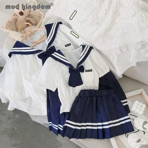 Mudkingdom Mother Daughter Family Matching Clothes Summer Sailor Collar Puff Sleeve T-shirts Pleated Skirt JK Set Kids Outfits