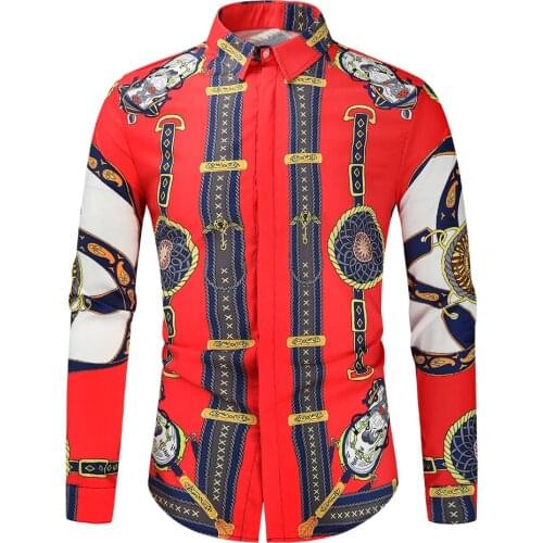 Luxury Red Royal Print Shirt Men 2021 Brand Slim Fit Long Sleeve Shirts for Men Party Wedding Baroque Floral Shirt Male Chemise