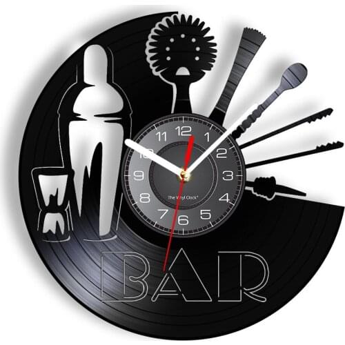 Bar Laser Cut Vinyl Record Wall Clock Wine Shaker Buffet Tableware Diet Bar Modern Wall Watch Man Cave Decor Bartenders Gift