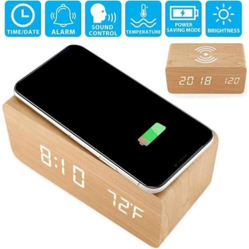 Desk Alarm Clock Voice Control LED Wooden Digital Alarm Clock Temperature Display Backlight Electronic Clock Table Home Decor