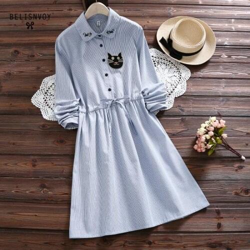 2019 New Fashion Spring Autumn Dress Cotton Linen Turn-down Collar Long Sleeve Slim Cute Cats Embroidery Mini Striped Dresses