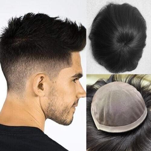 Human hair Toupee For Men with 7x9 inch Lace with Clearly PU 360-degree Mens Hairpiece Replacement System Off Black Color