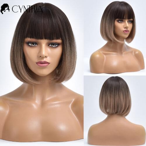 Brown Short Straight Ombre Daily Hair Synthetic Wig For White Women With Bangs Nutural Cosplay Heat Resistant Fiber Bob Wig