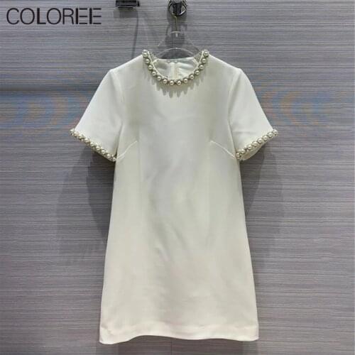 Luxury Pearls Diamonds O-neck Short Sleeve A-line Mini Dress Women 2020 Summer Fashion Elegant White/black Dress