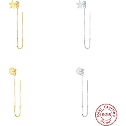 Canner 925 Sterling Silver Earrings Moon Star Drop Earrings Long Chain Tassel Dangle Earrings Minimalist Pendientes Jewelry