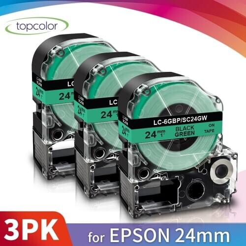 Topcolor 3PK Compatible Epson Label Tape Black on Green SC24GW 24mm*8m LK-6GBP for Kingjim Label Printer Typewriter SR750 SR670