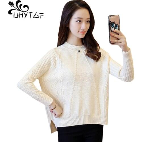 UHYTGF Spring Autumn Sweater Womens Long-sleeved pullover thick warm short sweater women loose Knitted female sweater coat 221