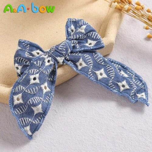 Big Bow Hairpins for Baby Girl Vintage Floral Printed Bowknot Hair Clips Kids Cute Barrette Denim Color Baby Hair Accessories