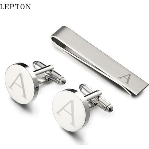 Lepton Letters Cufflinks & Tie Clips Set Silver Color Letters Of An Alphabet A Cufflinks For Mens Shirt Cuffs Cufflink Gemelos