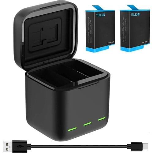 Battery Charger Compatible With GoPro Hero 9 Black Waterproof Storage Carry Case (1 Charger + 2 Batteries)