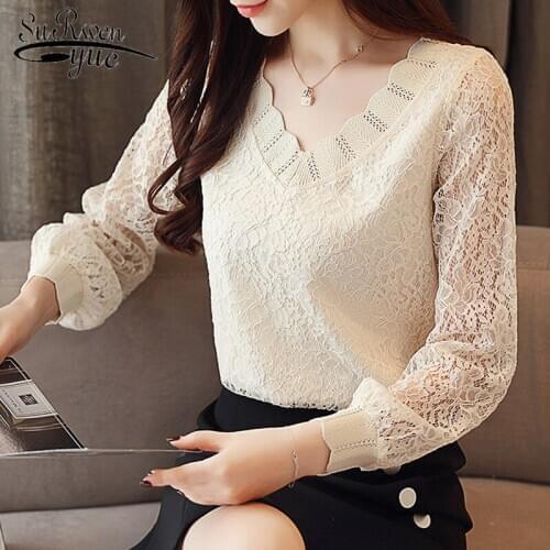 2021 Spring New Fashion Elegant Casual Women Blouse Solid Women Tops Lace Long Sleeve V-neck Women Clothes Autumn Korean Style