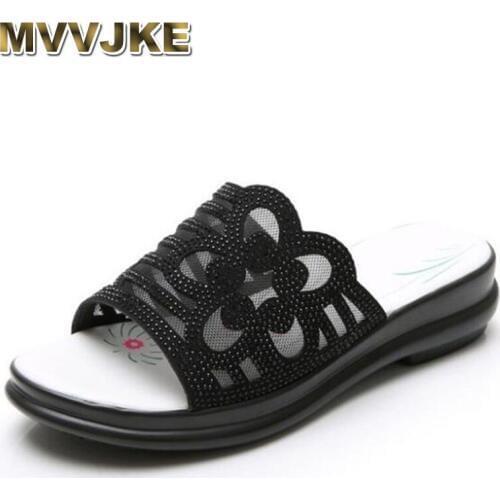 MVVJKE2020 famous breathable mesh rhinestone sandals women fashion thick soled slippers big size summer casual slippers women s