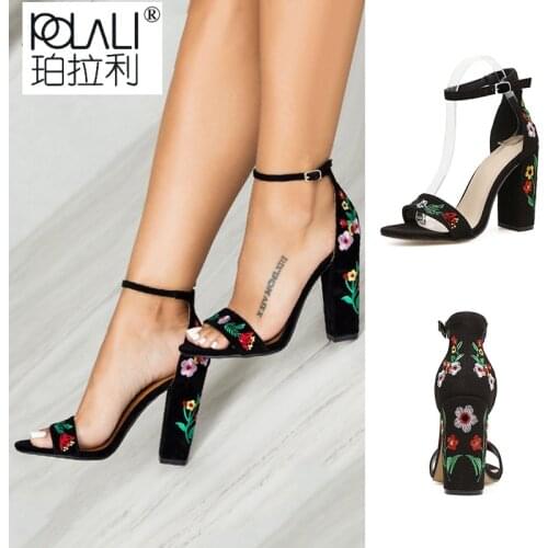 New Flowers Embroidered Shoes Women Sandals Sexy Open Toe Gladiator High Heels Women Shoes Black Size 35-43 Feminino Zapatos