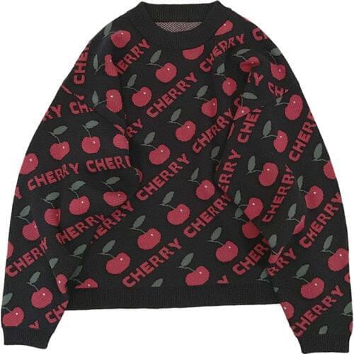 Autumn Harajuku Kawaii Pink Sweater Women Wool Christmas Pullover Winter Cute Cherry Oversized Knitted Long Sleeve Girl Jumper