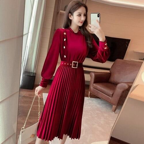 Women dress autumn winter long-sleeved button pleated velvet dress Women vintage elastic waist belt long party dress midi robe