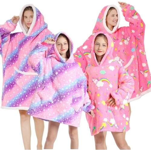 Winter Fleece Sherpa Blanket Matching Family Outfits Girls Oversized Sweatshirt Woman Hoodie TV Blanket Kigurumi Unicorn Pajamas