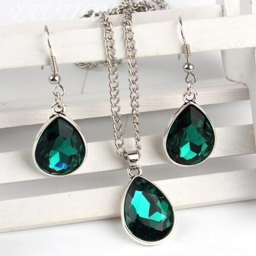 1set Vintage Water drop Pendant Necklace & earrings Fashion Jewelr green
