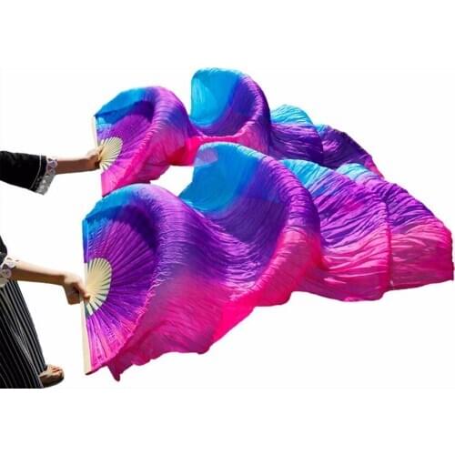 Dance Fans 100% Silk Handmade Dyed 180x90cm Belly Dance Fans 1Pair Dance Performance Props Silk Stripe Turquoise+Purple+Rose Fan