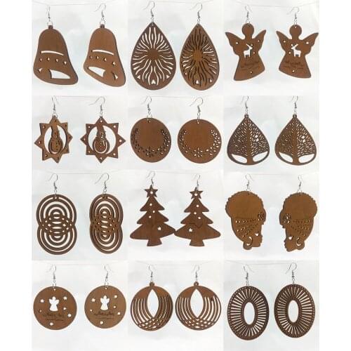 12 Pairs Different Styles Good Quality Wood Earrings Organic brown Hollow African Woman Wooden Brincos Pendant